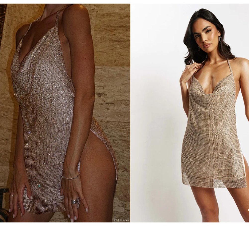 Meshki ‘Siya’ Halter Glomesh Diamante Mesh Mini Dress - Gold